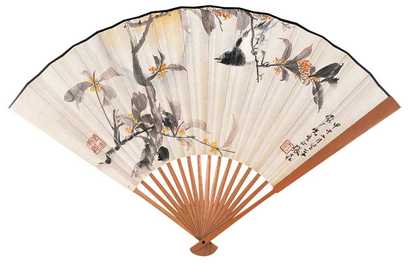 张大壮 甲午（1954年）作 月下鸣禽 成扇